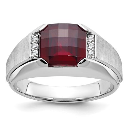 14k White Gold IBGoodman Men's Created Garnet and 1/20 carat Diamond Complete Ring