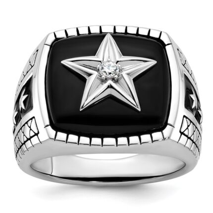 14k White Gold IBGoodman Men's Antiqued Onyx and 1/20 carat Diamond Complete Star Ring