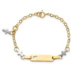 14k Two-tone Polished Textured Cross and Cut-out Heart 18x5mm Plate 4.5 inch Baby/Child ID Bracelet with 1 inch Extender - Image 4