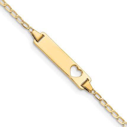 14k Polished Solid Chain/Solid Plate Flat Curb Link Cut-out Heart 20x5mm Plate 6 inch Baby/Child ID Bracelet