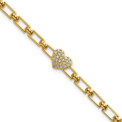 14K Polished Complete 1/6 carat Diamond Heart Cluster Fancy Link 7 inch Bracelet with 1 inch Extender