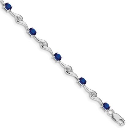 14k White Gold Complete Oval Blue Sapphire and Round White Sapphire Curved Link 7 inch Bracelet