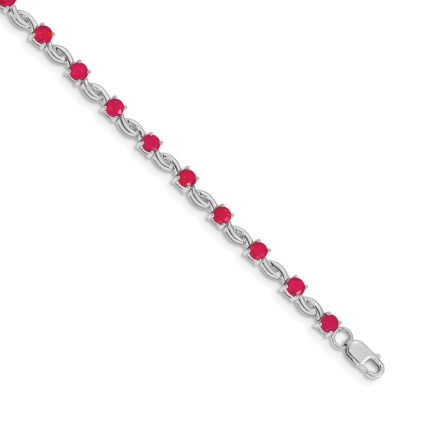 14k White Gold Complete Round Ruby Fancy Link 7 inch Bracelet