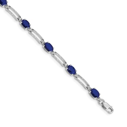 14k White Gold Complete Diamond and Oval Sapphire Paperclip Link 7.25 inch Bracelet