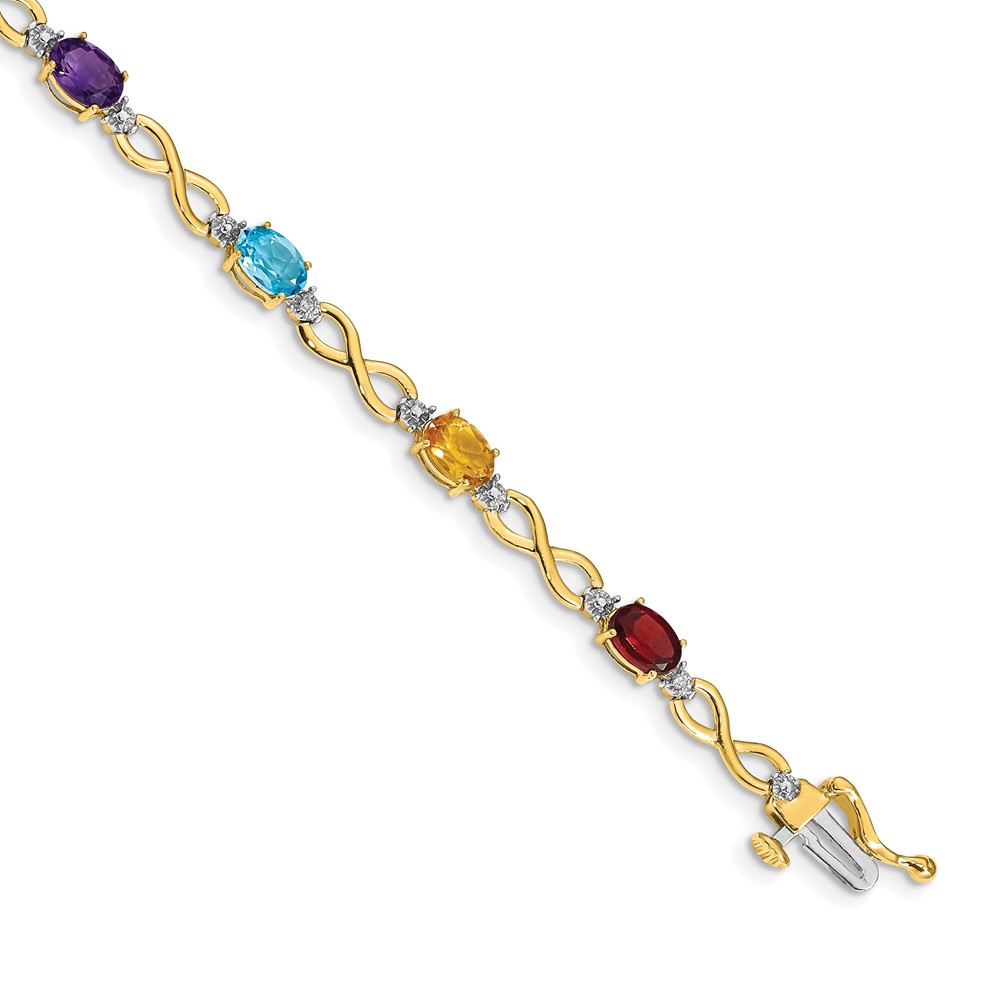 BM4494-RB-003-YA.jpg 14k Complete Diamond and Oval Garnet/Swiss Blue Topaz/Citrine/Amethyst/Peridot Infinity 7 inch Rainbow Bracelet - Image 1