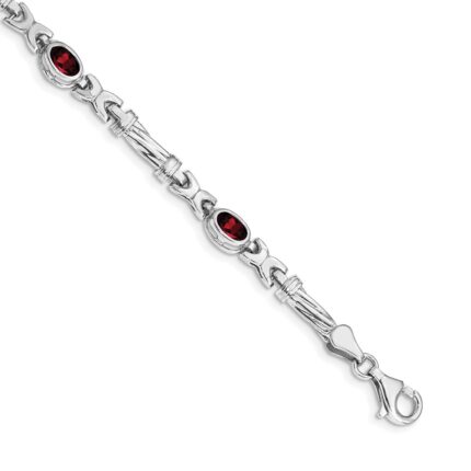 14k White Gold Complete Oval Garnet Fancy Link 7 inch Bracelet