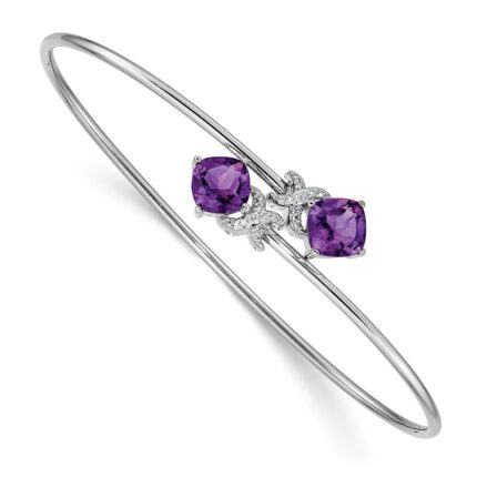 14k White Gold Complete Cushion-cut Amethyst and .03 carat Diamond Flexible Bangle Bracelet