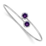 14k White Gold Complete Round Amethyst and 1/8 carat Diamond Halo Flexible Bangle Bracelet