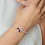 14k White Gold Complete Round Amethyst and 1/8 carat Diamond Halo Flexible Bangle Bracelet - Image 3