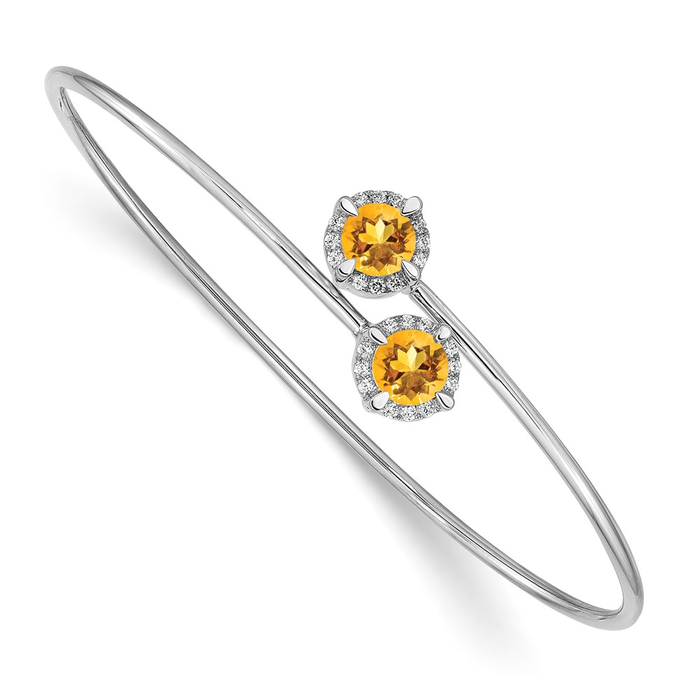 BM4506-CI-012-WA.jpg 14k White Gold Complete Round Citrine and 1/8 carat Diamond Halo Flexible Bangle Bracelet - Image 1