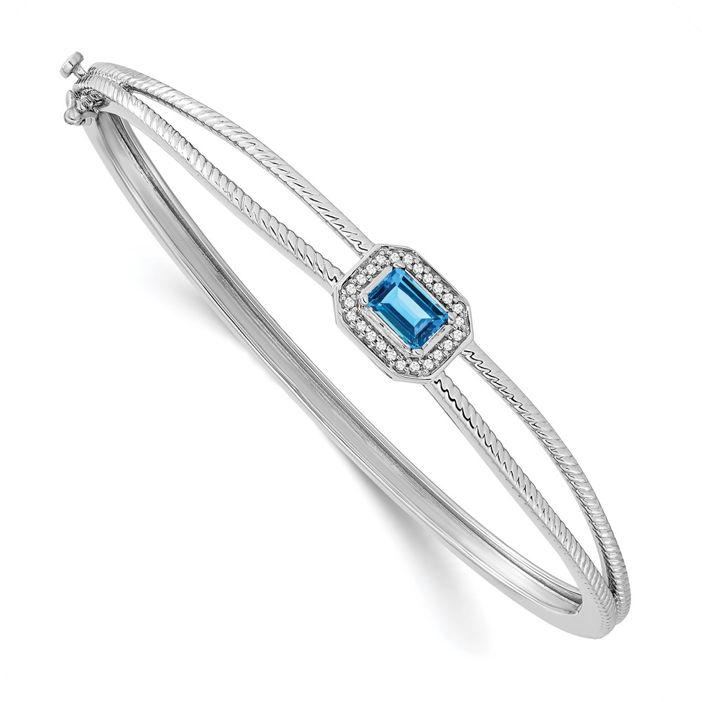 BM7091-BT-011-WA.jpg 14k White Gold Complete Emerald-cut Blue Topaz and 1/10 carat Diamond Halo Hinged Bangle Bracelet - Image 1