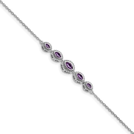 14k White Gold Complete 5-Stone Bezel-set Marquise Amethyst and Chain 7 inch Bracelet