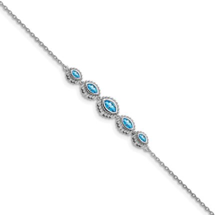 14k White Gold Complete 5-Stone Bezel-set Marquise Swiss Blue Topaz and Chain 7 inch Bracelet
