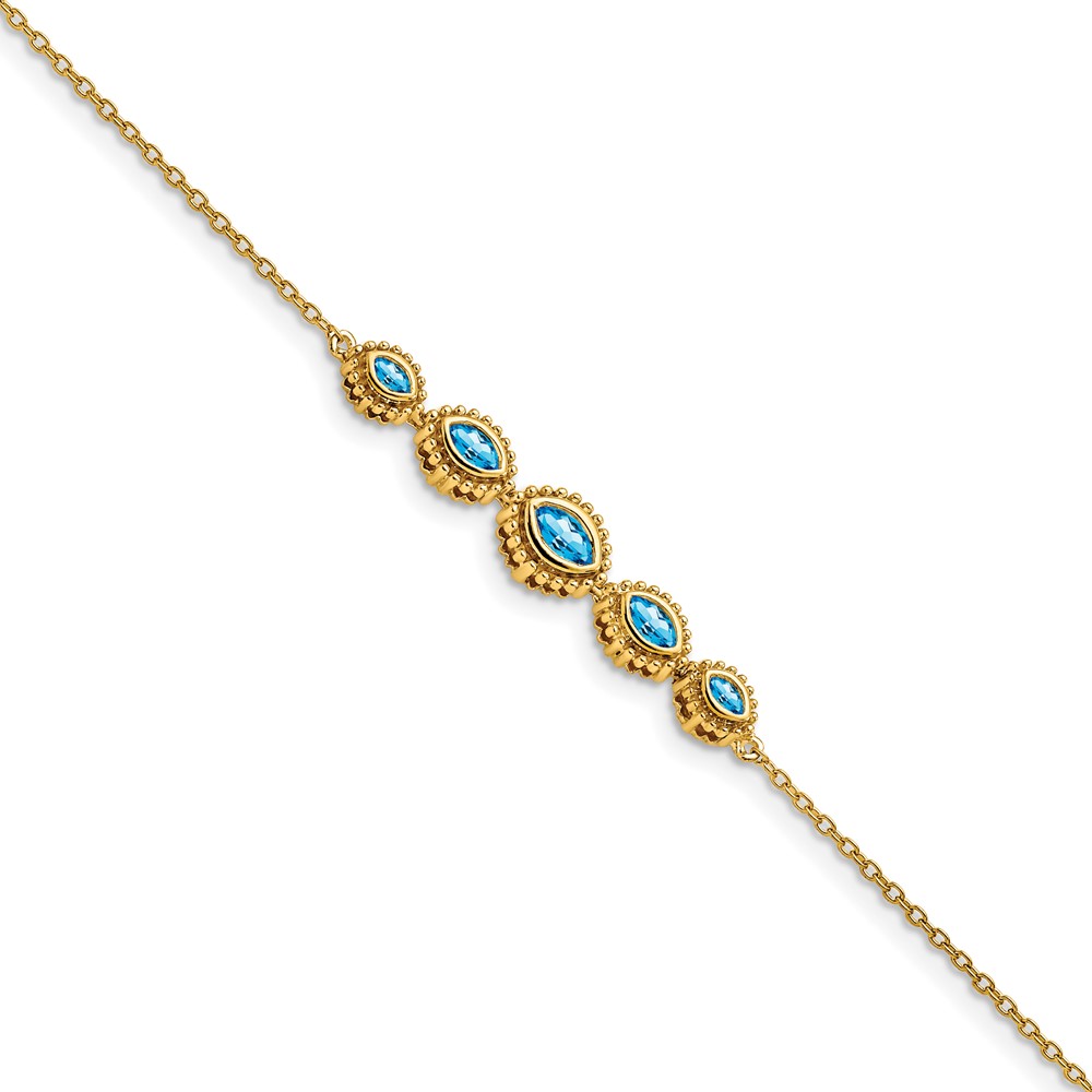 BM7200-BT-Y.jpg 14k Complete 5-Stone Bezel-set Marquise Swiss Blue Topaz and Chain 7 inch Bracelet - Image 1