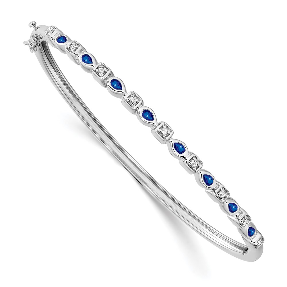 BM7222-SA-011-WA.jpg 14k White Gold Complete Sapphire and 1/10 carat Diamond Hinged Bangle Bracelet - Image 1