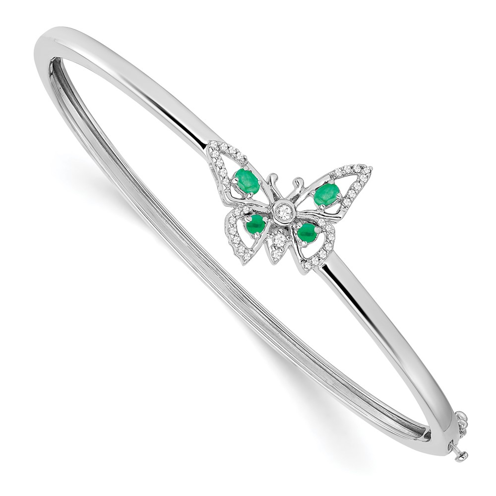 BM7257-EM-017-WA.jpg 14k White Gold Complete Emerald and 1/6 carat Diamond Butterfly Hinged Bangle Bracelet - Image 1