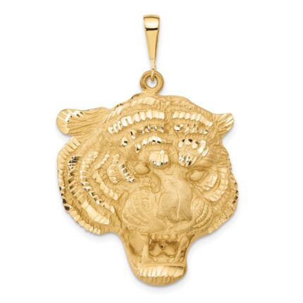 14k Large Satin Diamond-cut Tiger Head Pendant