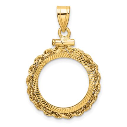 Wideband Distinguished Coin Jewelry 10k Polished Rope and Diamond-cut 16.5mm x 1.35mm Screw Top Coin Bezel Pendant
