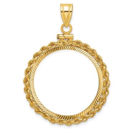 Wideband Distinguished Coin Jewelry 14k Polished Rope and Diamond-cut 27.0mm x 2.35mm Screw Top Coin Bezel Pendant