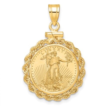 Wideband Distinguished Coin Jewelry 14k Polished Rope Mounted 1/10oz American Eagle Screw Top Coin Bezel Pendant
