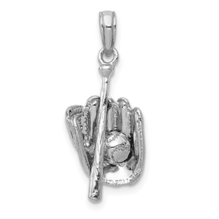 14K White Gold Polished 3-D Glove/Bat/Baseball Pendant