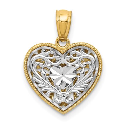 14K Two-tone Polished Diamond-cut Reversible Filigree Heart Pendant