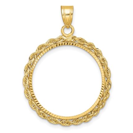 Wideband Distinguished Coin Jewelry 14k Diamond-cut with Rope 22.0mm Prong Coin Bezel Pendant