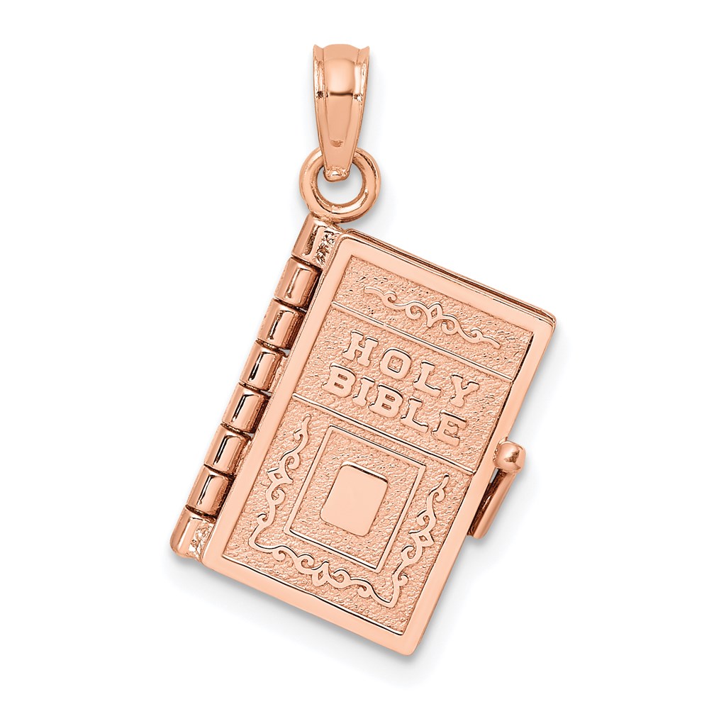 C3964R.jpg 14k Rose Gold 3-D HOLY BIBLE with Lord's Prayer and Moveable Pages Pendant - Image 1
