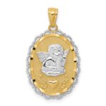 14k and White Rhodium Angel Scalloped Edge Oval Pendant