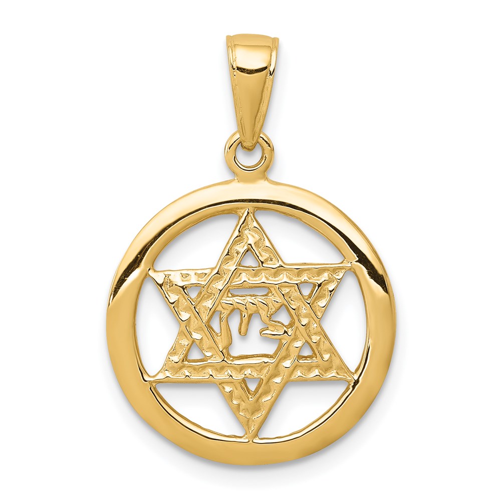 C3986.jpg 14K Jewish Chai In Star Of David Round Pendant - Image 1