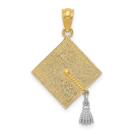 14k with White Rhodium 3-D Graduation Cap with Moveable Tassel Pendant