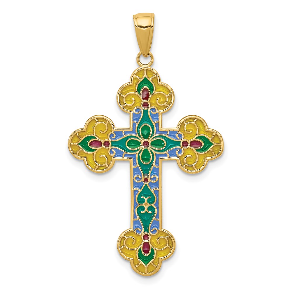 C4263.jpg 14K Multi-color Acrylic Enameled Flower Center Budded Cross Pendant - Image 1