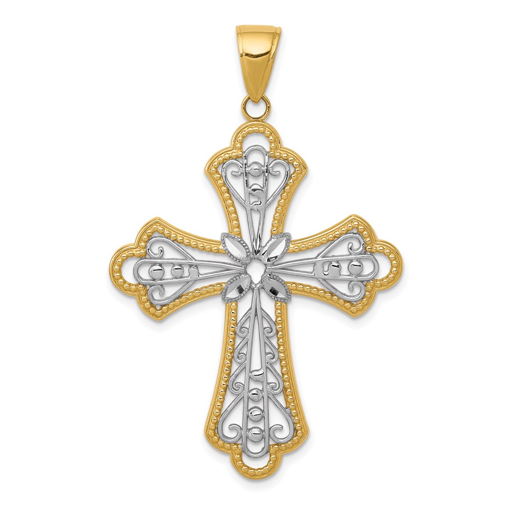 C4272.jpg 14K and White Rhodium Large Diamond-cut Filigree Cut-out Cross Pendant - Image 1