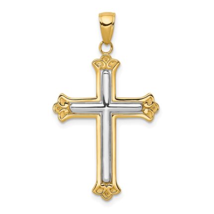 14K and White Rhodium Budded Yellow Cross Frame Pendant