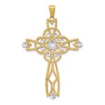 14K and White Rhodium Diamond-cut Beaded Trim Cross Pendant