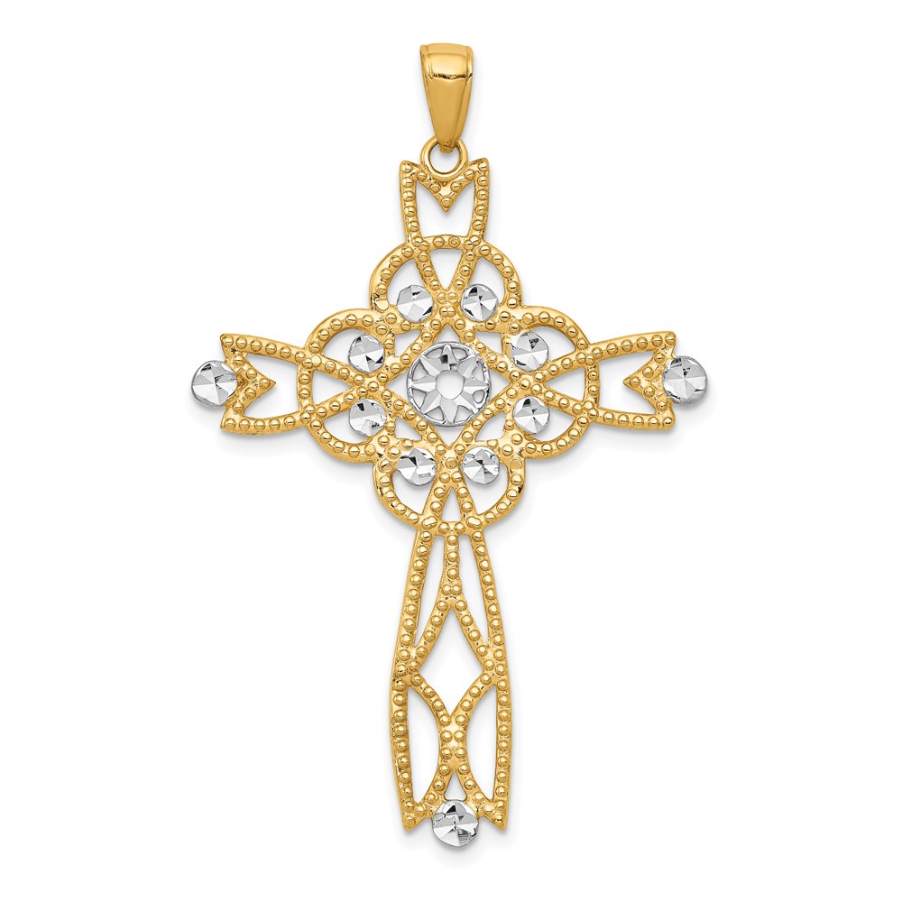 C4309.jpg 14K and White Rhodium Diamond-cut Beaded Trim Cross Pendant - Image 1