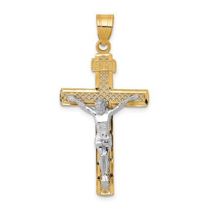 14K Two-tone Diamond-cut Lattice Cross with Crucifix Pendant