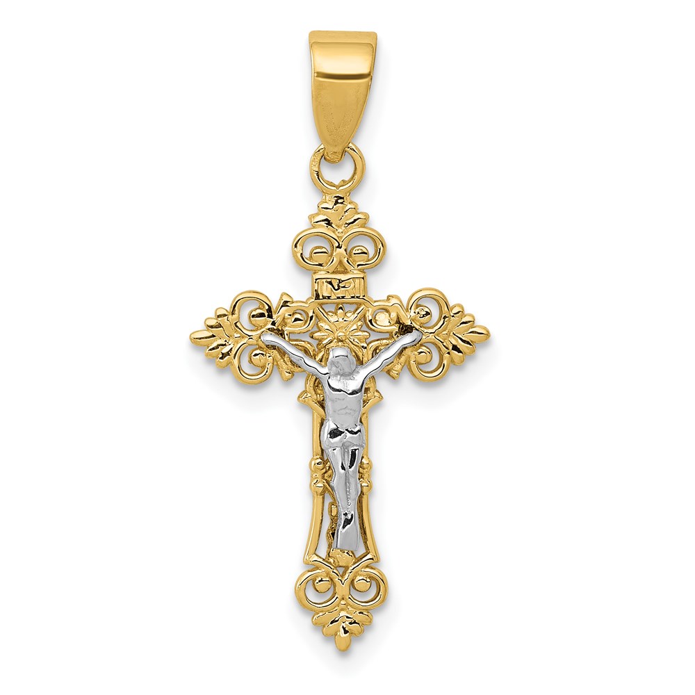 C4386.jpg 14K Two-Tone Small Lacy-Edge Inri Crucifix Pendant - Image 1