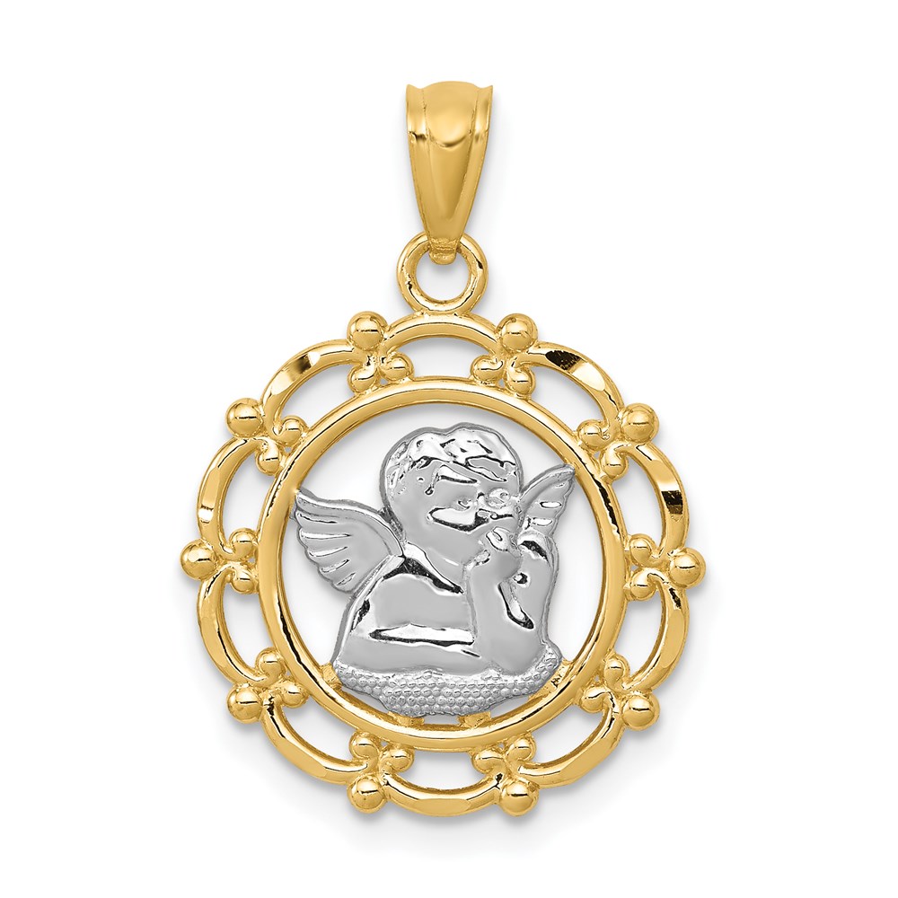 C4412.jpg 14k and White Rhodium Scalloped Frame Cherub Round Pendant - Image 1