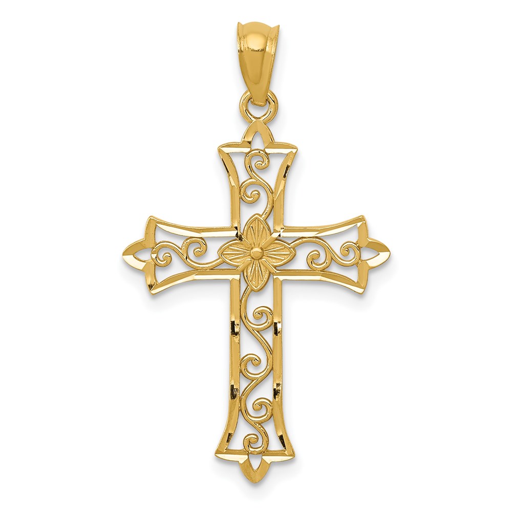 C4510.jpg 14k Diamond-cut Flower Center Scrolled Cross Pendant - Image 1