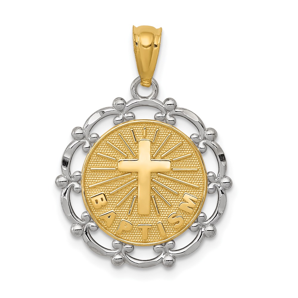 C4524.jpg 14K and White Rhodium BAPTISM with Cross Scalloped Edge Round Pendant - Image 1