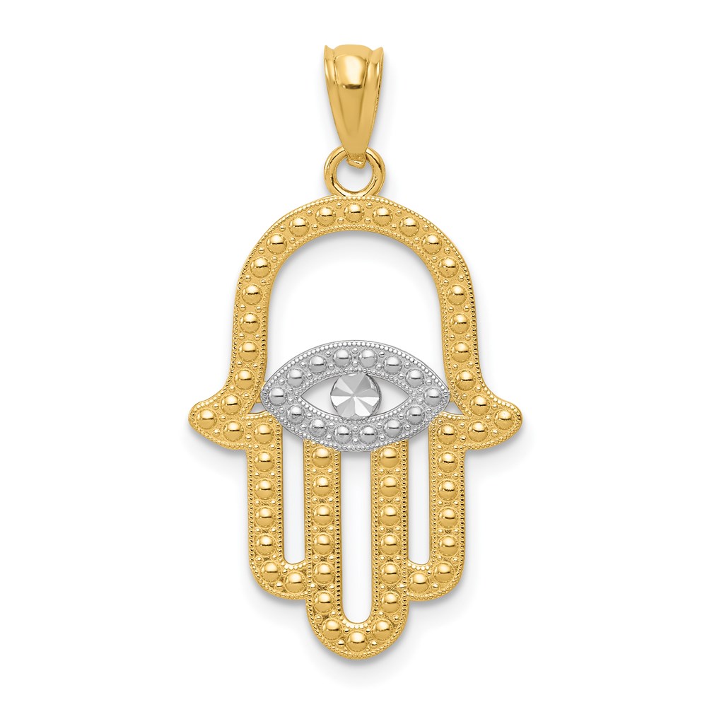 C4533.jpg 14K and White Rhodium Textured Hamsa and Evil Eye Pendant - Image 1