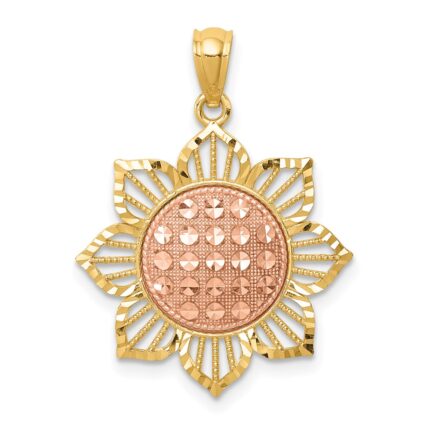 14K Two-Tone Diamond-cut Sunflower Pendant