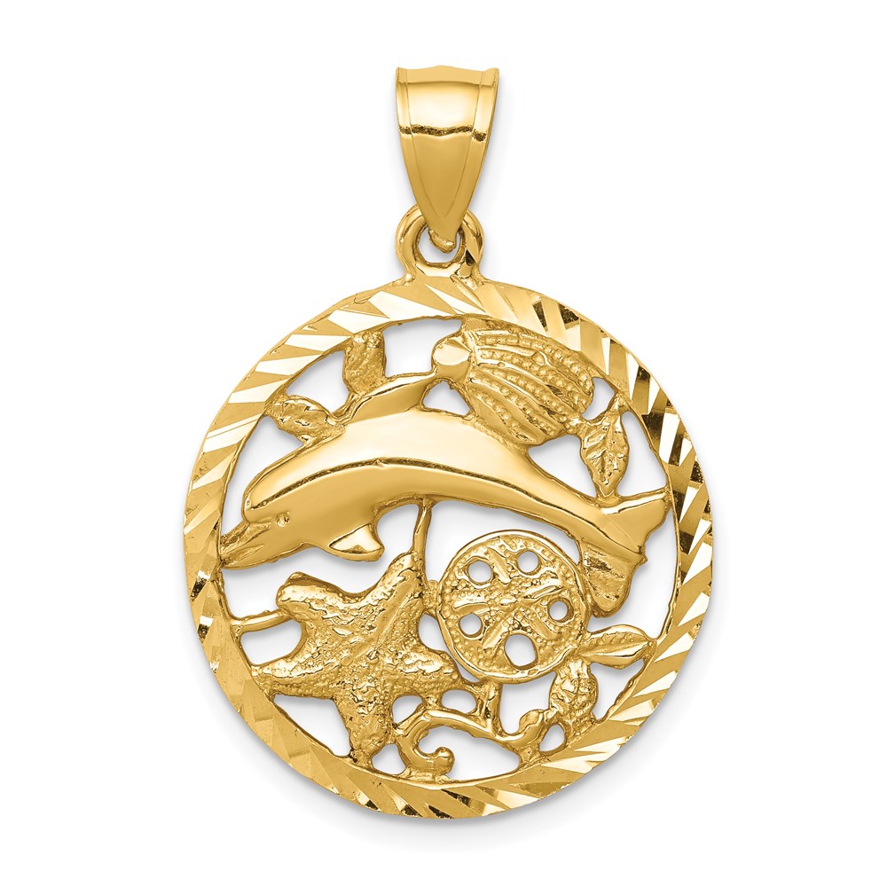 C4598.jpg 14K Diamond-cut Dolphin and Shells Circle Pendant - Image 1