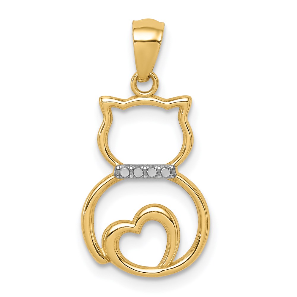 C4621.jpg 14k and White Rhodium Diamond-cut Sitting Cat with Heart Pendant - Image 1