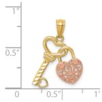 14K Two-tone Polished Filigree Heart Lock and Diamond-cut Key Charm - Image 4
