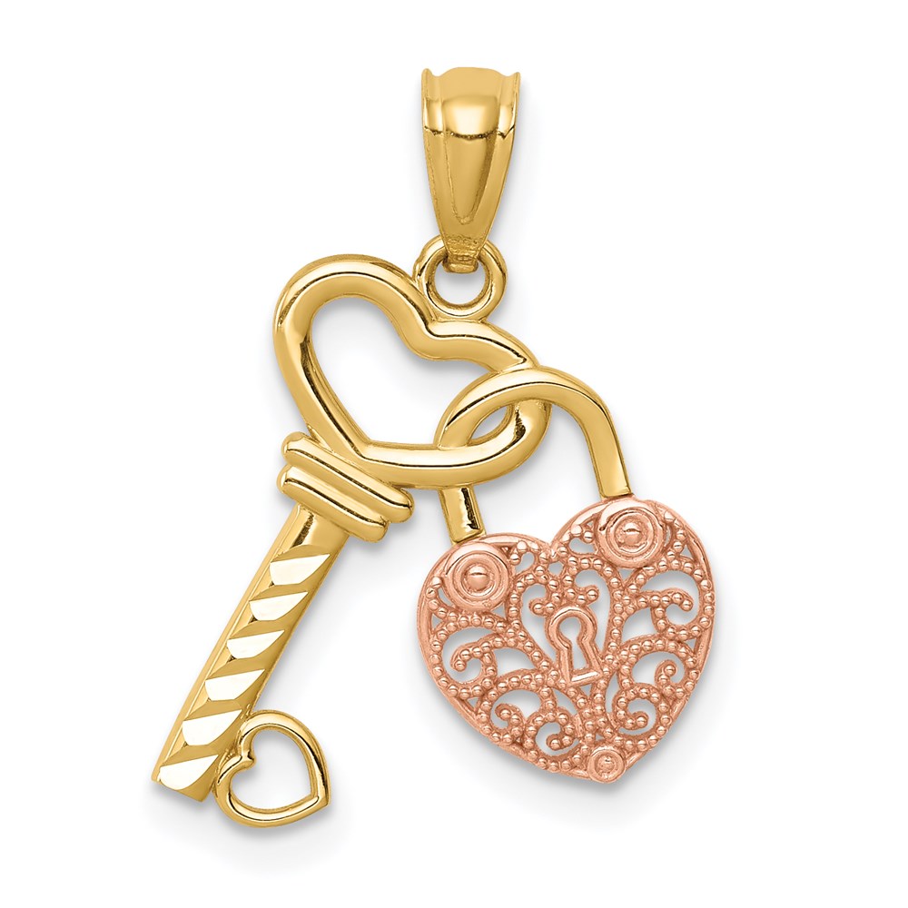 C4664.jpg 14K Two-tone Polished Filigree Heart Lock and Diamond-cut Key Charm - Image 1