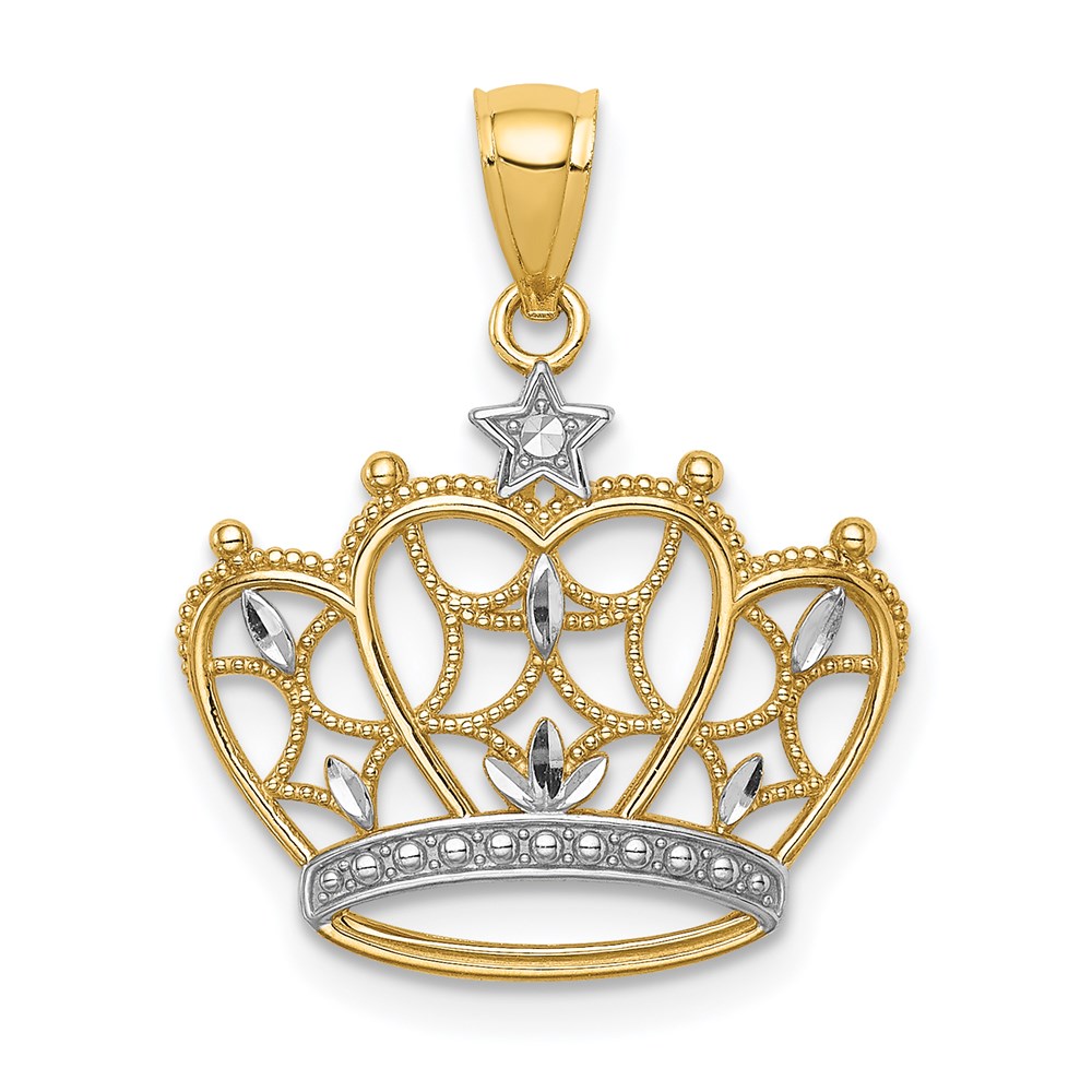 C4673.jpg 14K and White Rhodium Diamond-cut Filigree Crown Pendant - Image 1