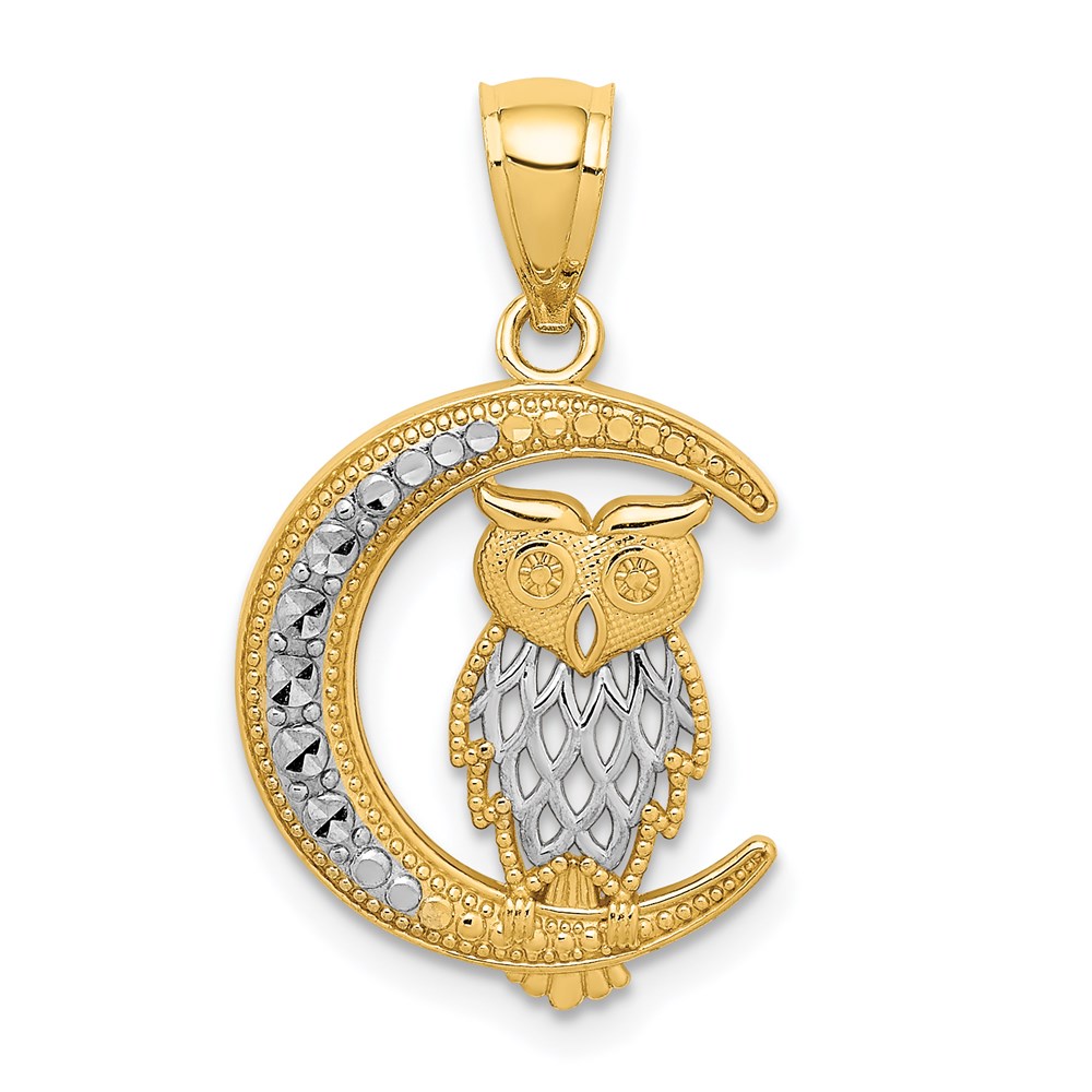 C4681.jpg 14K and White Rhodium Diamond-cut Owl on the Moon Pendant - Image 1