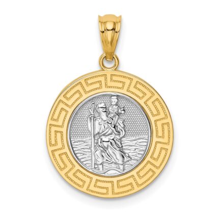 14K and White Rhodium Solid St. Christopher Medal Greek Key Edge Round Pendant